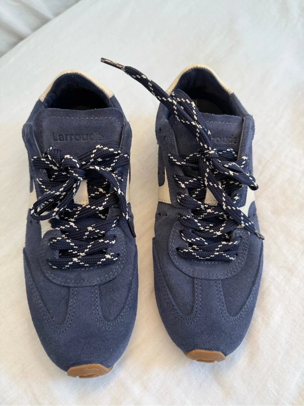 Larroude Stella Sneaker In Navy Suede and Ivory Leather